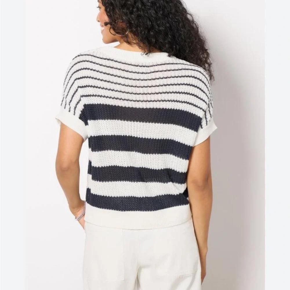 Evereve Ivy Open Weave Tee Sweater Navy Blue White Stripe Crewneck Sz S - Picture 2 of 10
